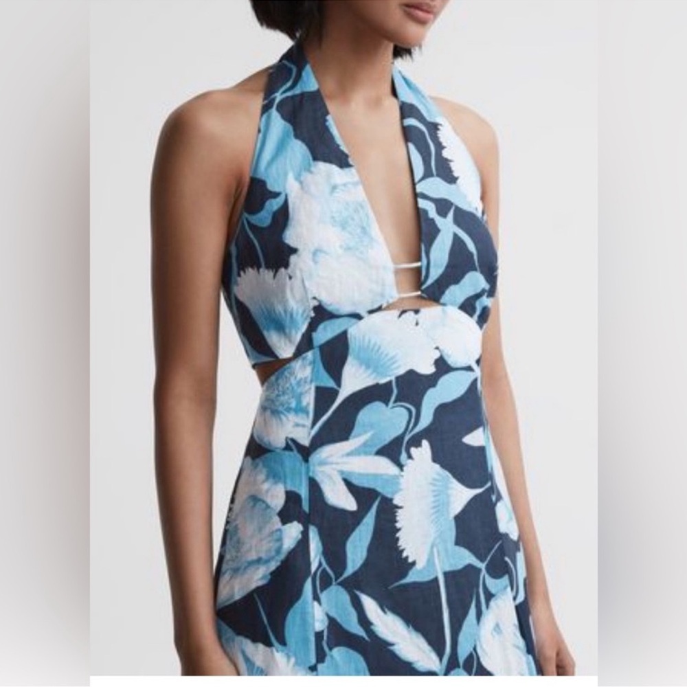 Reiss Kaia Linen Halter Neck Midi Dress Size 8 Black Blue Keyhole Vacation - Picture 2 of 2
